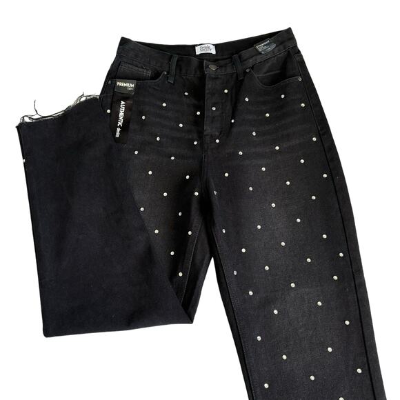 Simple Society Black Rhinestone Straight Leg Super High Rise Button Fly Jeans - Picture 1 of 11